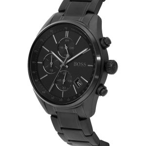 Hugo Boss Chronograph Grand Central black watch at angle showing profile and metal band
