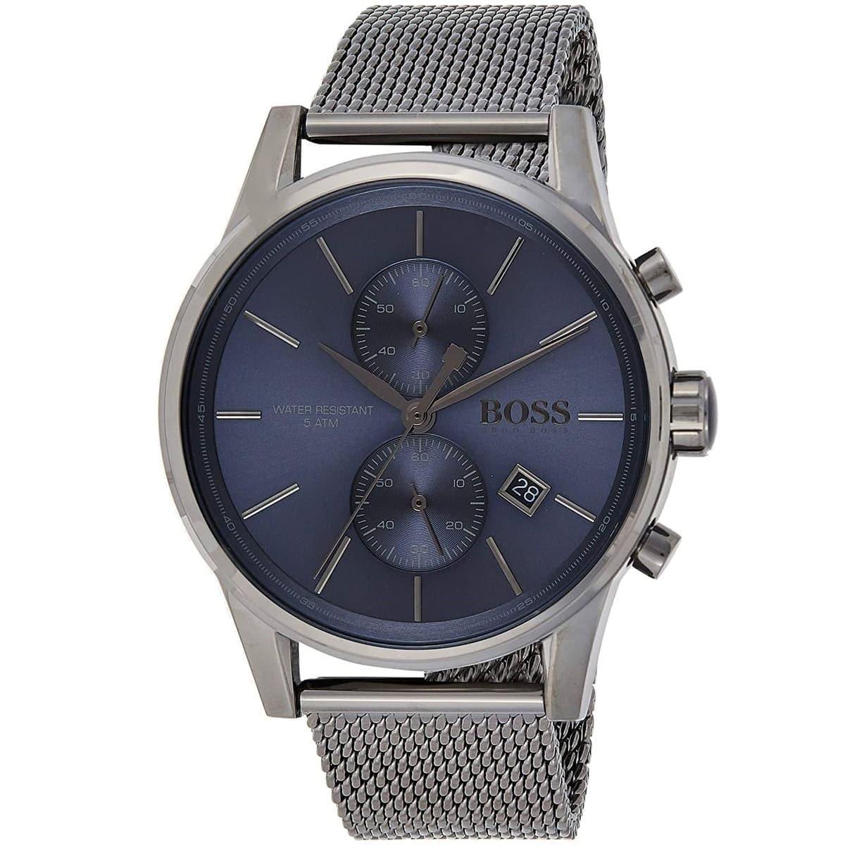 Hugo Boss Grand Central men's chronograph with blue dial and steel mesh band at angle