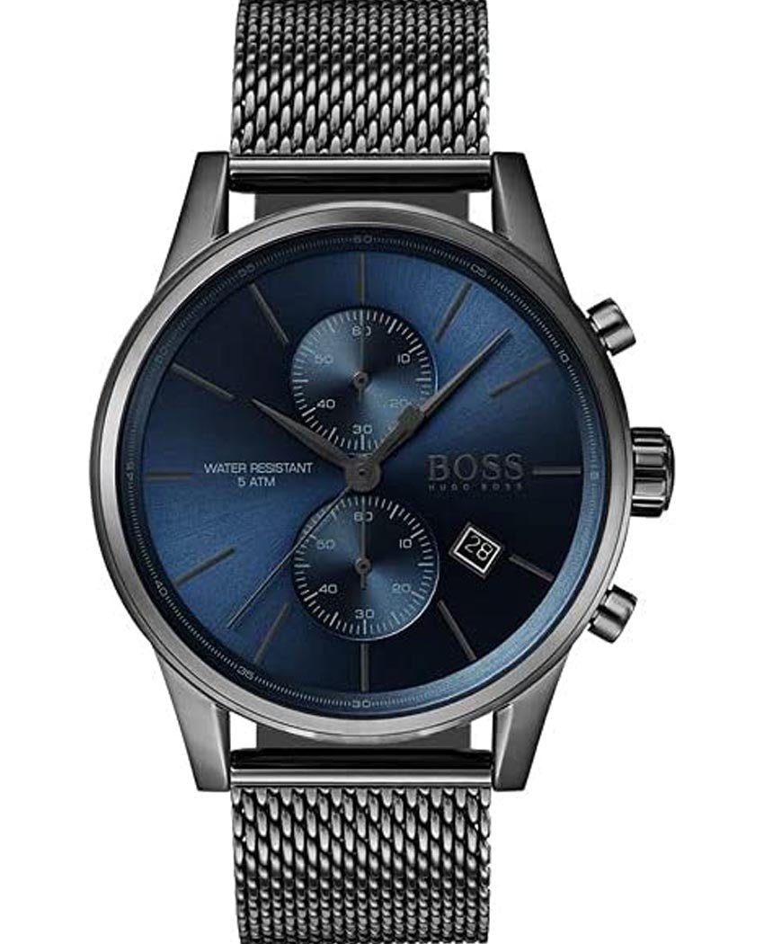 Hugo Boss Grand Central chronograph watch with blue dial, stainless steel mesh strap
