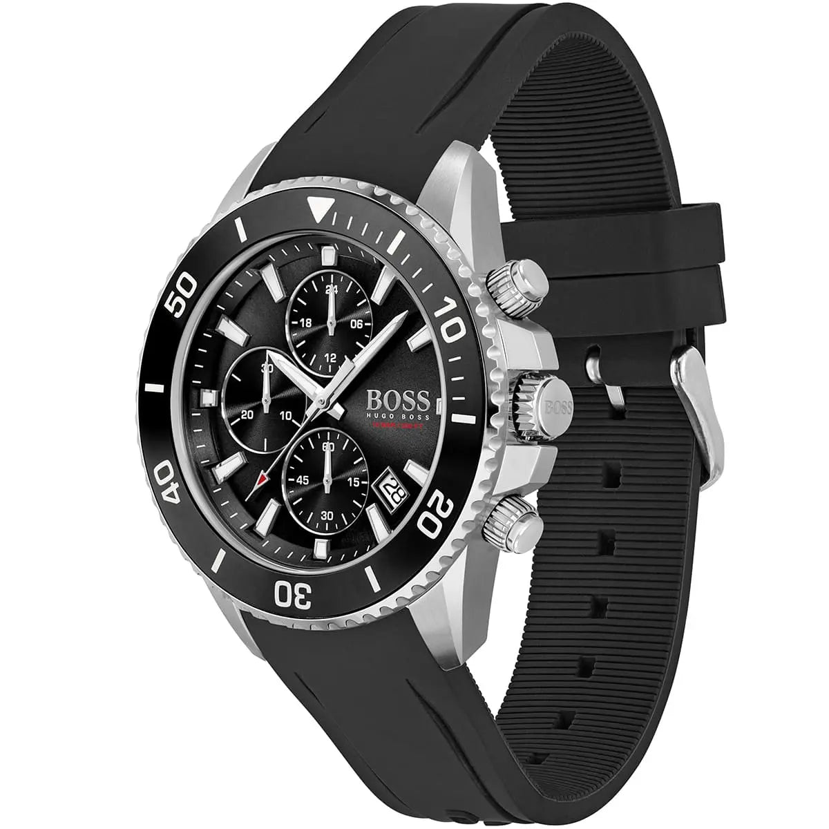 Hugo Boss Admiral chronograph watch shown at angle with black rubber strap and silver case