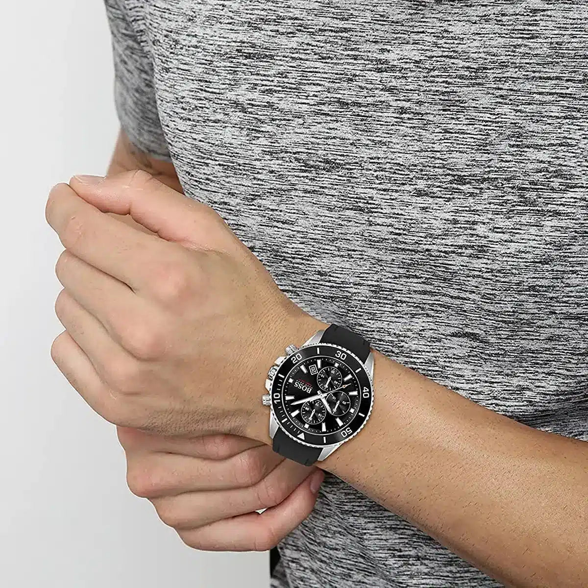 Hugo Boss Admiral watch on wrist with chronograph subdials and black rubber strap