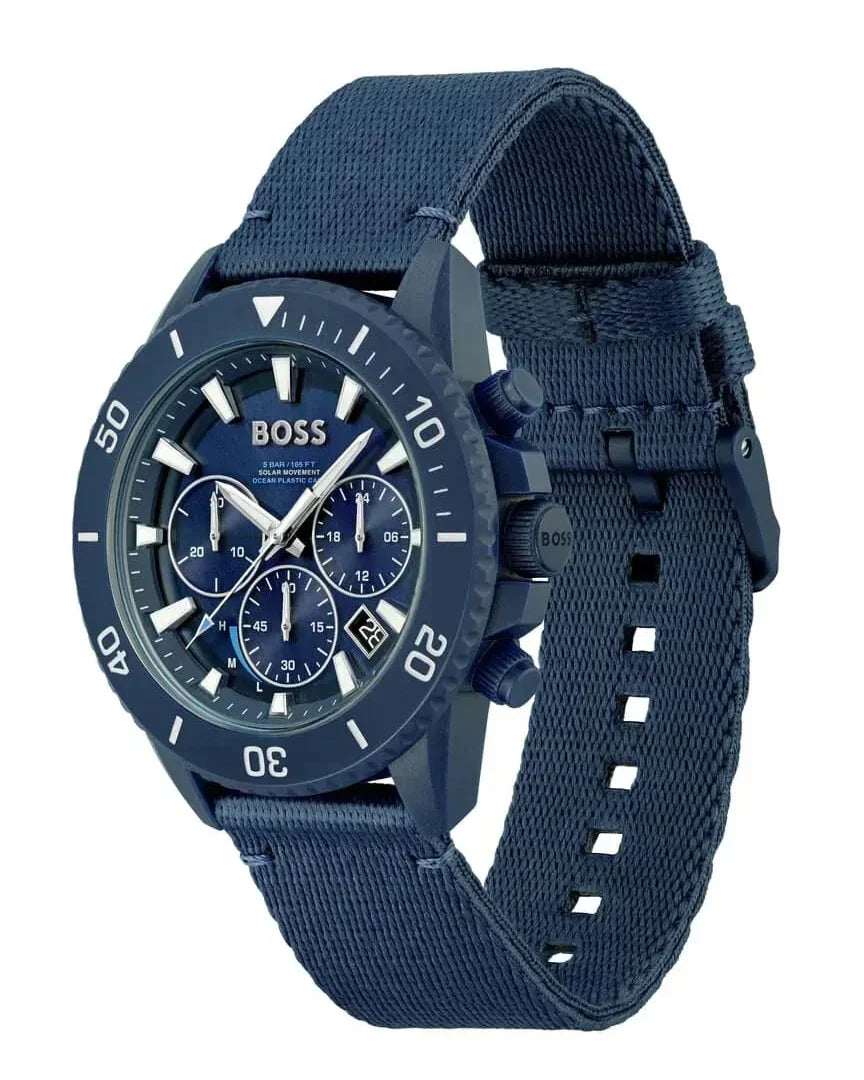 Hugo Boss Admiral chronograph watch at angle showing case, dial, and strap