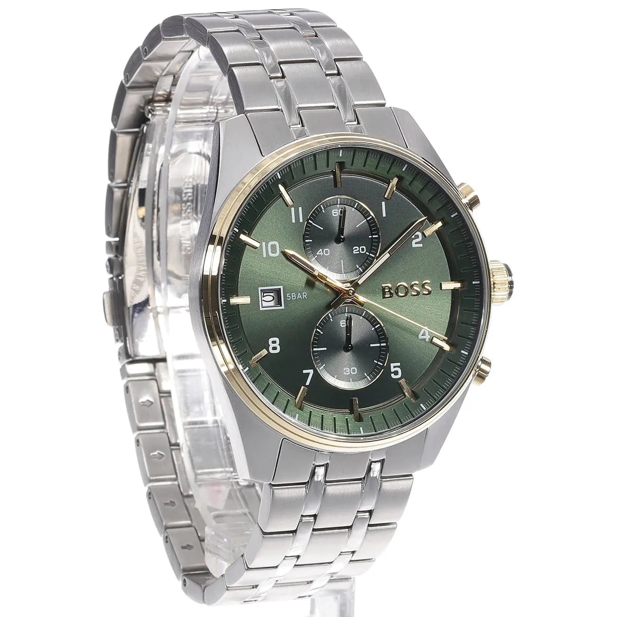 Hugo Boss chronograph watch at angle view displaying green dial with gold chronograph pushers