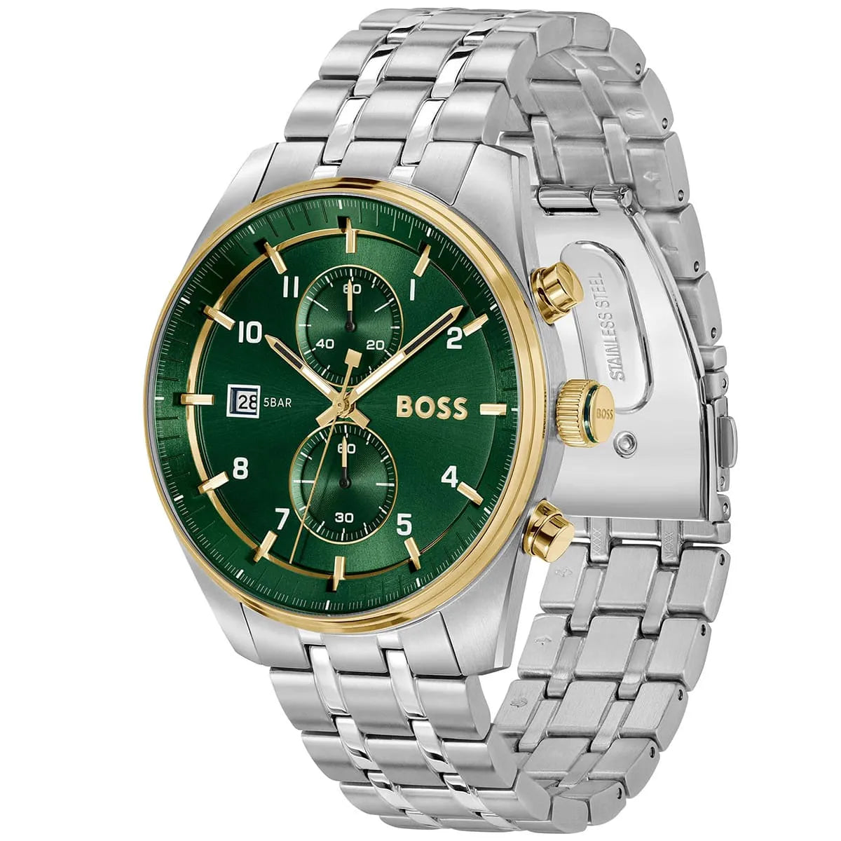 Hugo Boss chronograph watch with green dial at three-quarter angle showing stainless steel bracelet