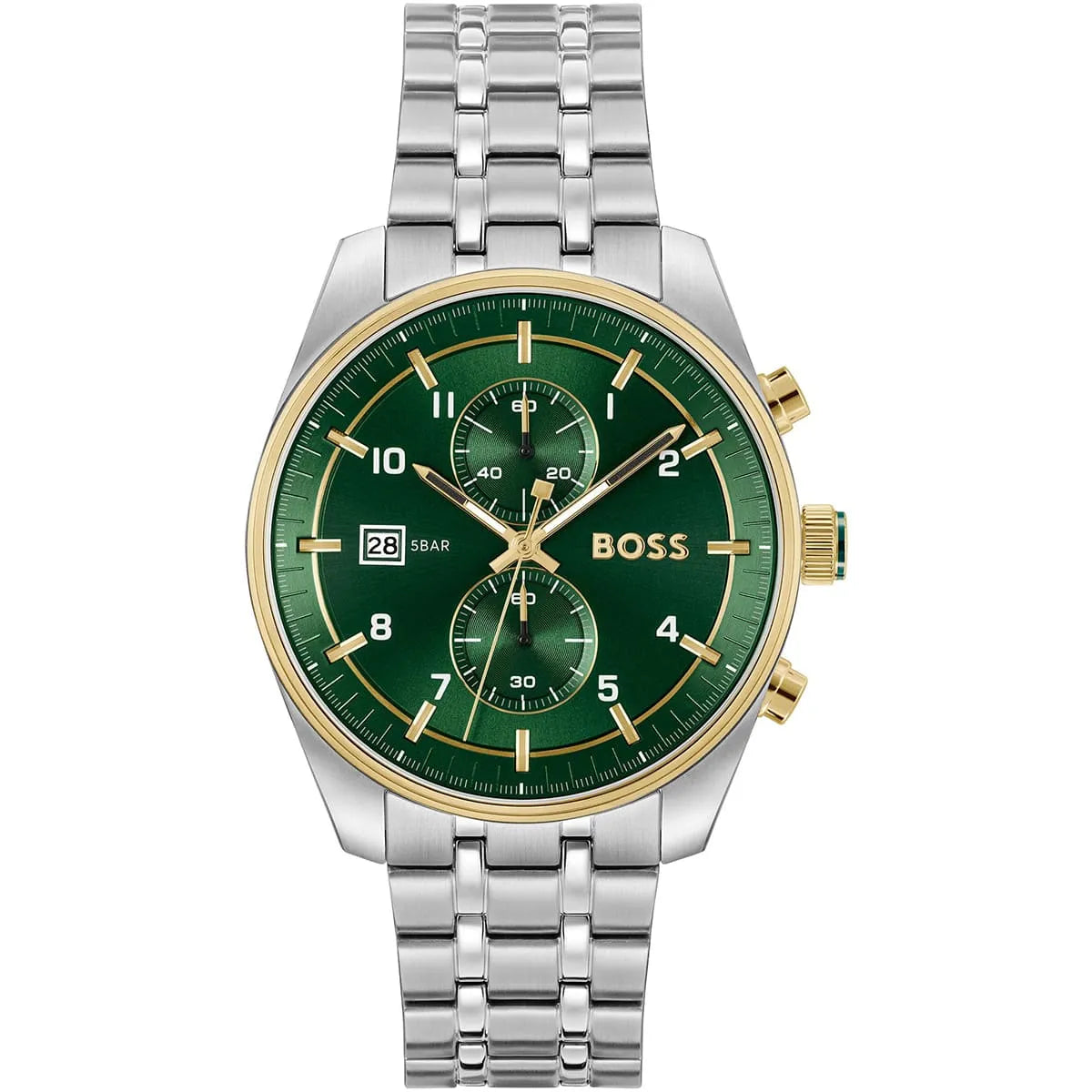 Hugo Boss green dial chronograph men's watch with stainless steel metal bracelet