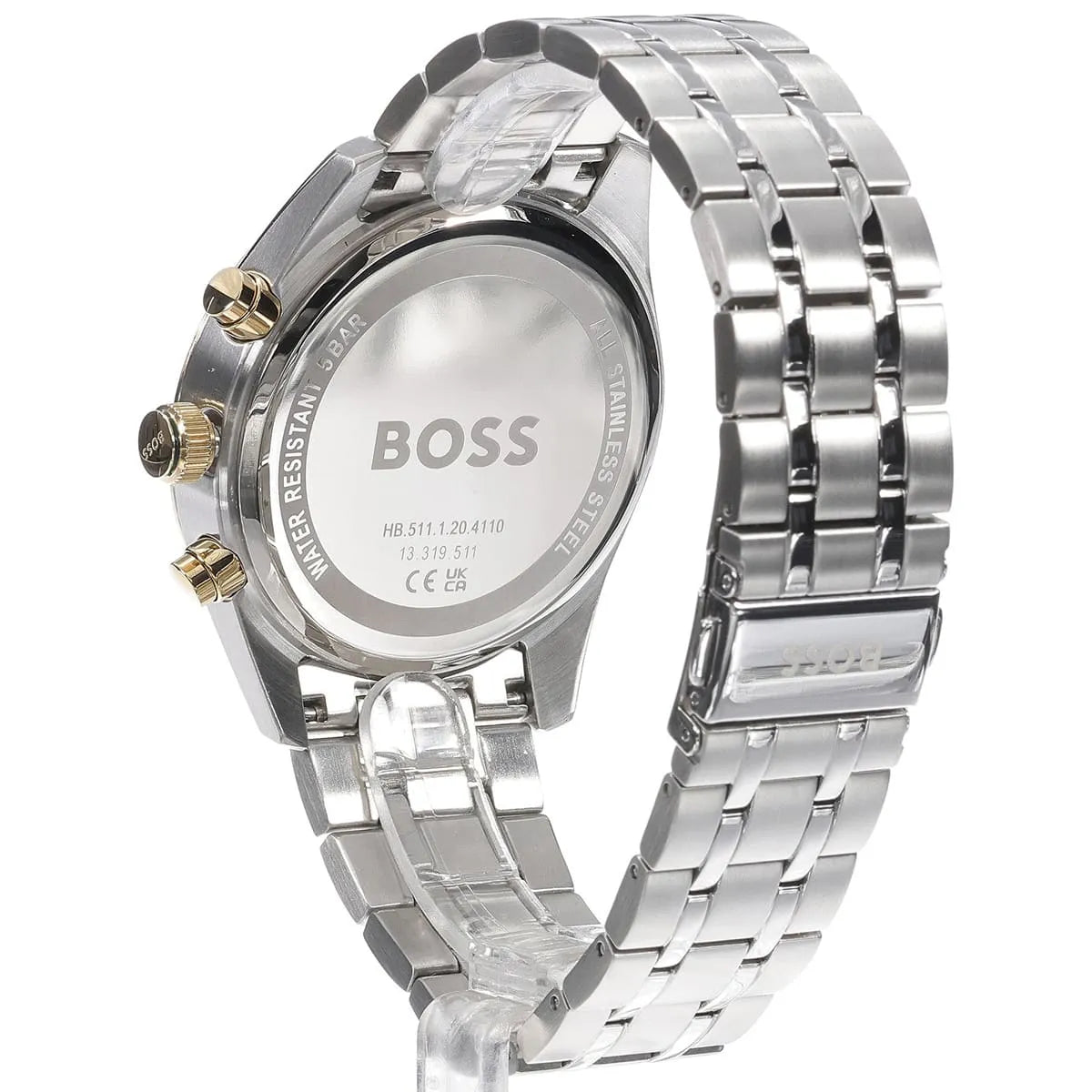 Side profile view of Hugo Boss stainless steel chronograph watch with caseback visible