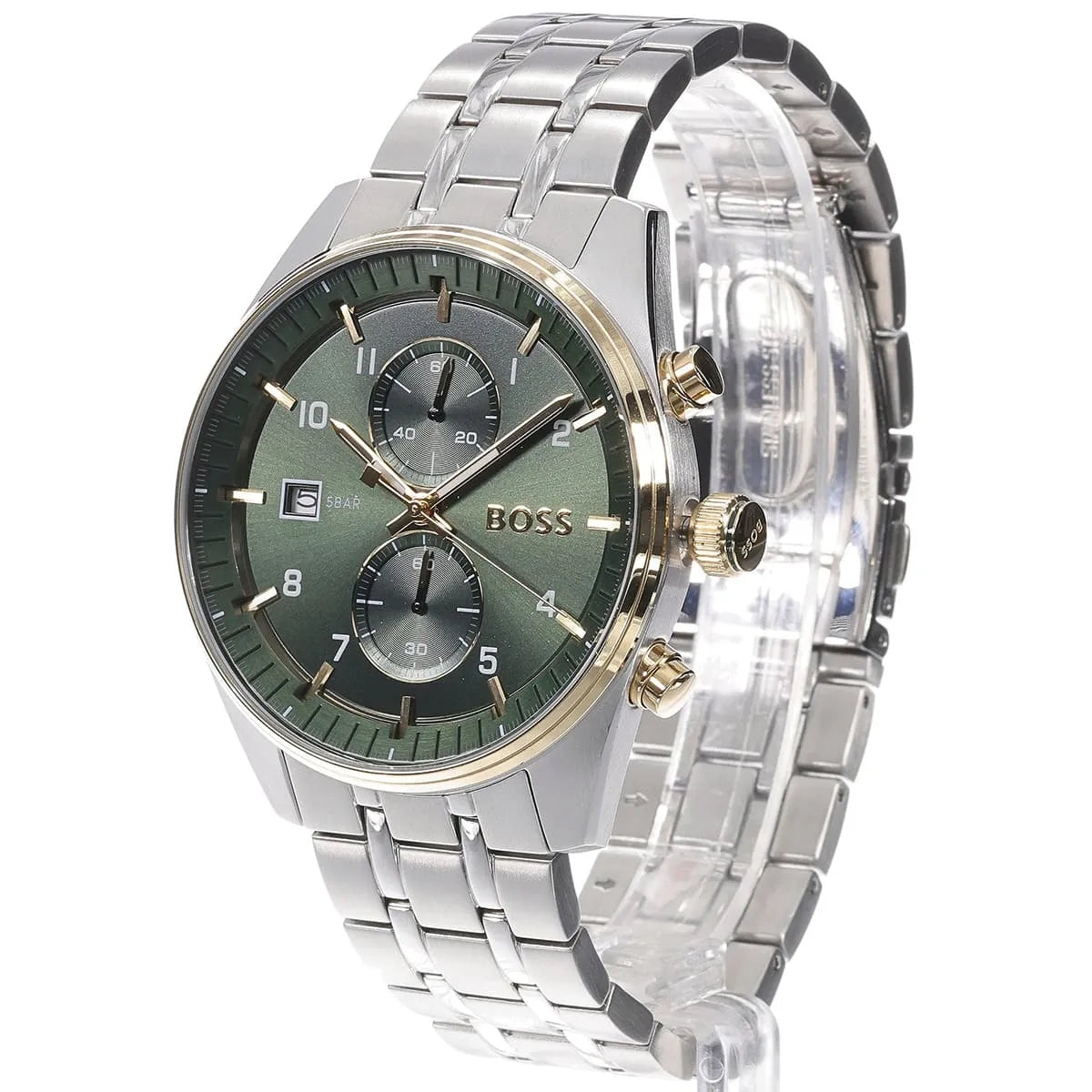Hugo Boss green dial chronograph watch shown from side profile with stainless steel bracelet