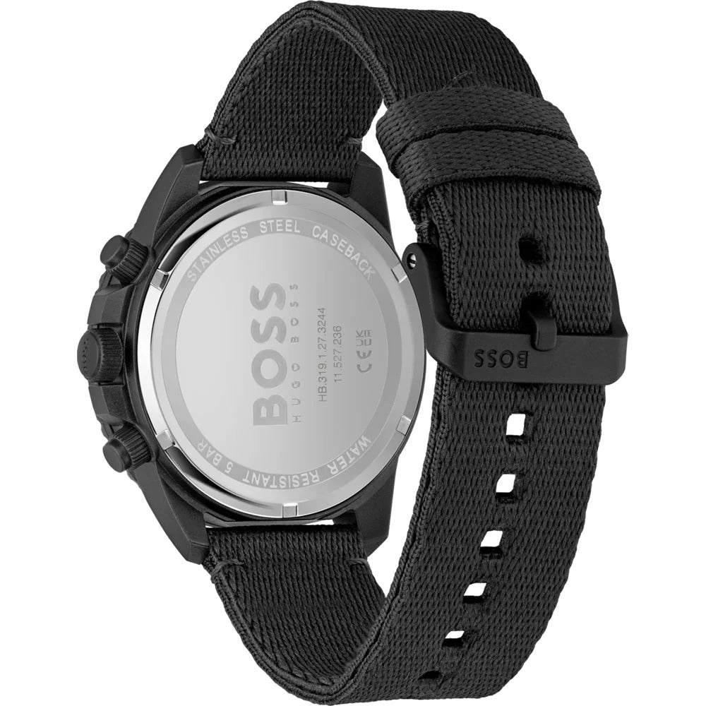 Black nylon strap of Hugo Boss Admiral watch with buckle detail