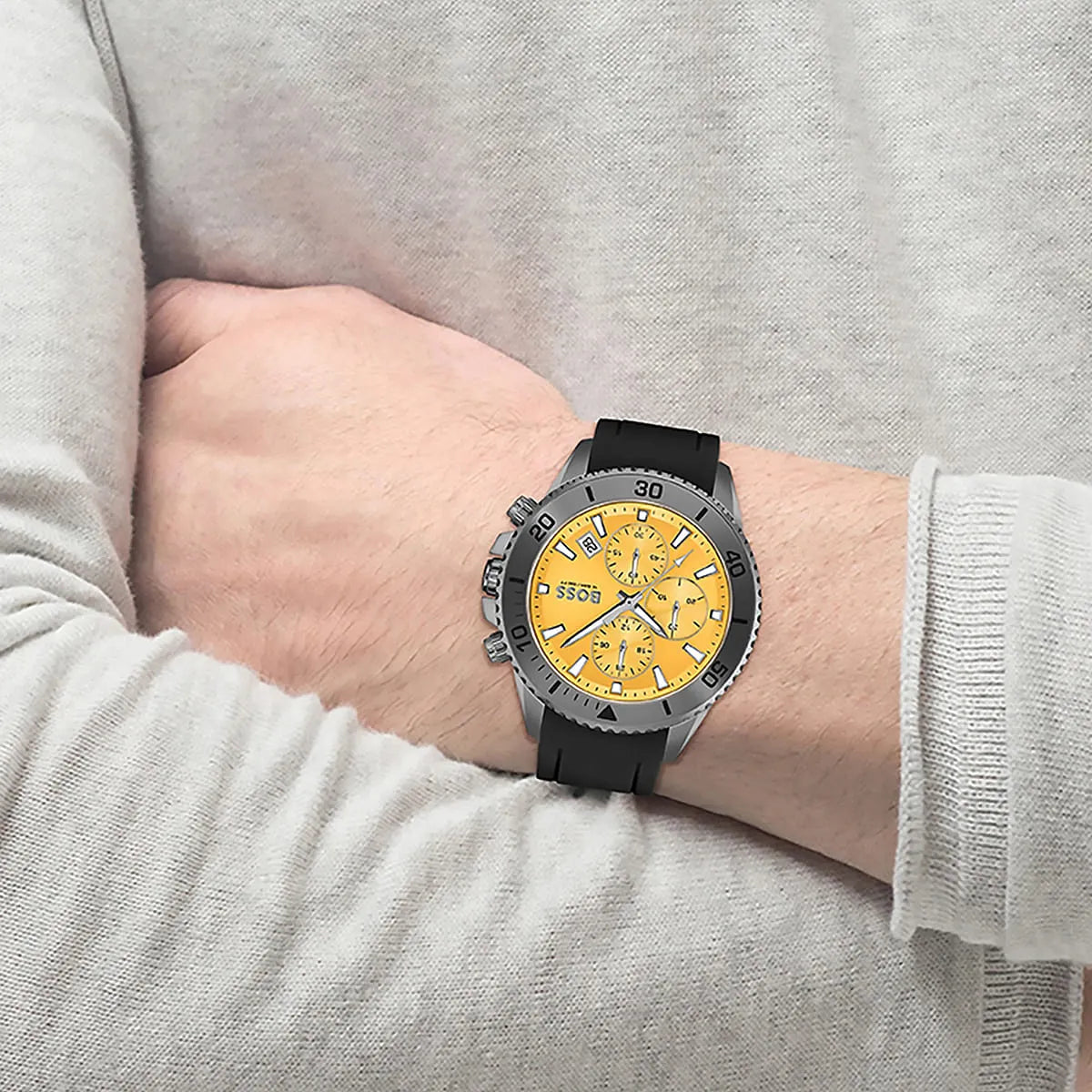 Hugo Boss Admiral watch worn on wrist showing yellow dial and black rubber strap