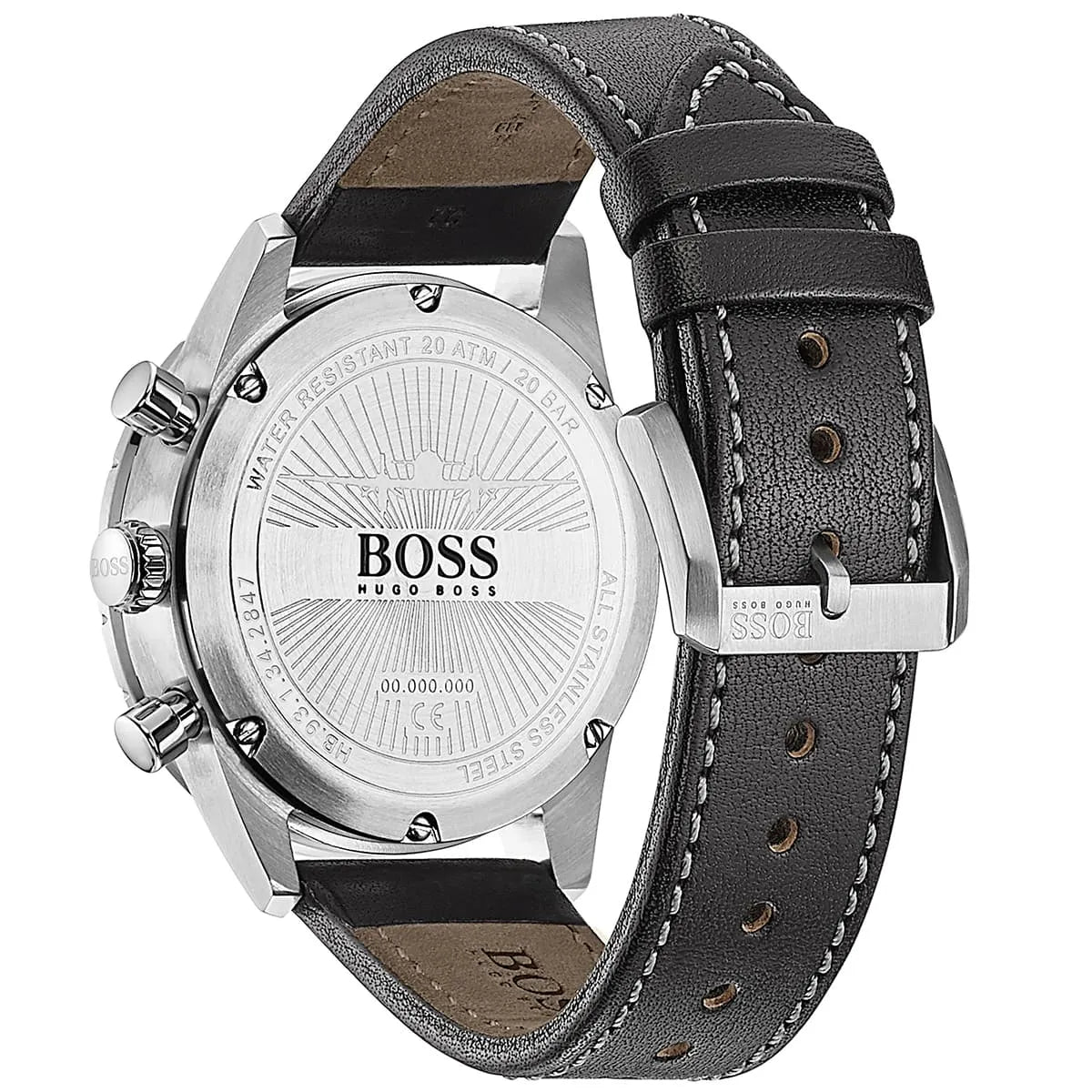 Three-quarter view of Hugo Boss Aero chronograph showing dial and leather strap