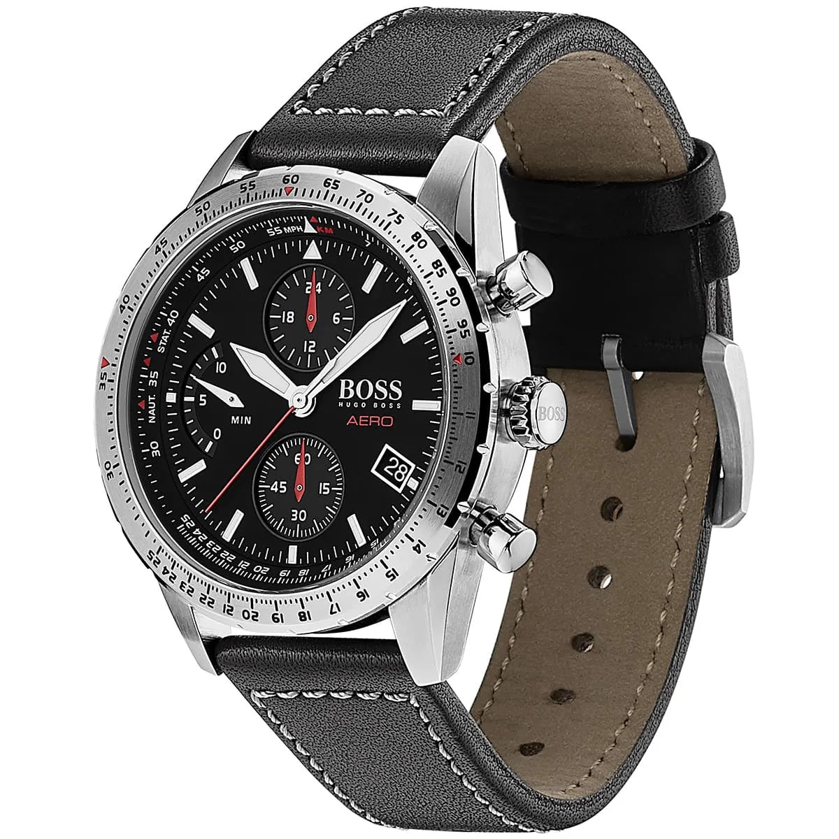 Angled view of Hugo Boss Aero chronograph watch on black leather strap