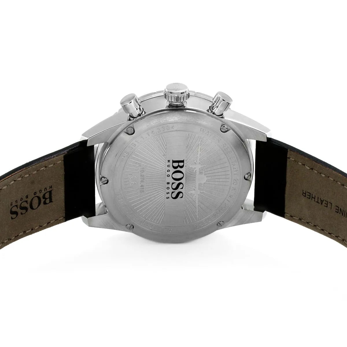 Bottom view of Hugo Boss Aero chronograph showing engraved caseback and strap details