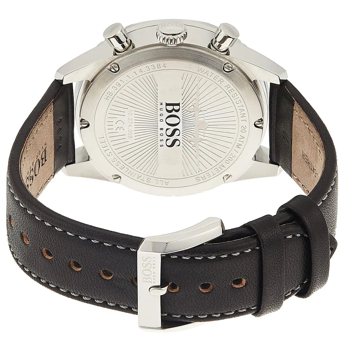 Caseback view of Hugo Boss Aero watch showing stainless steel back and black leather strap