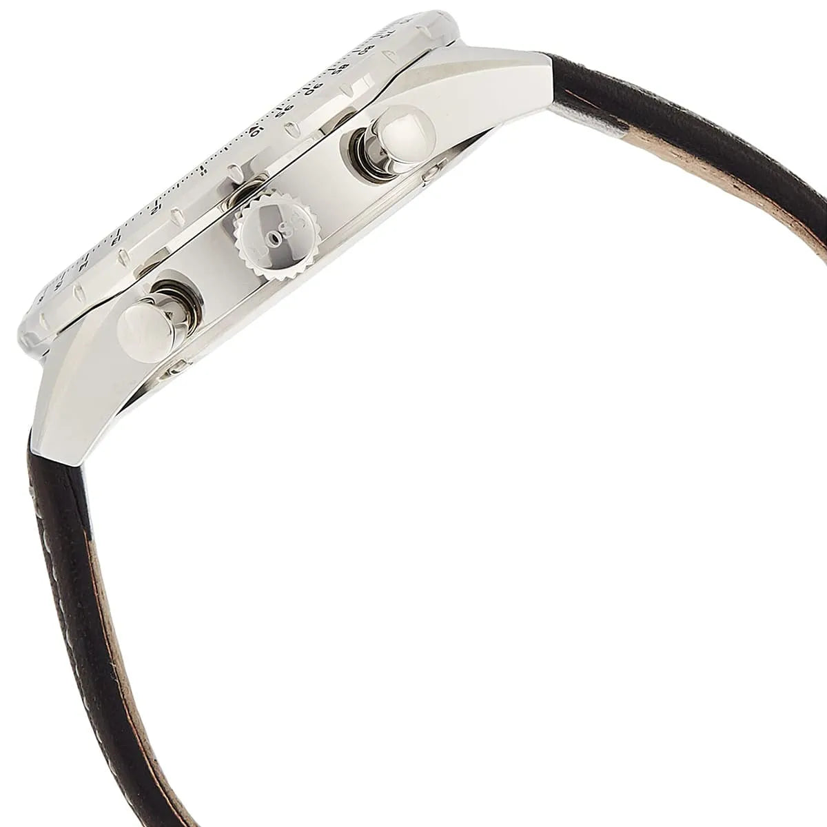 Side view of Hugo Boss Aero watch showing stainless steel case and black leather strap