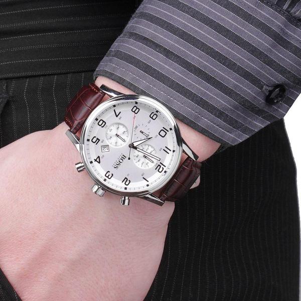 Hugo Boss Aeroliner chronograph on wrist with business casual attire