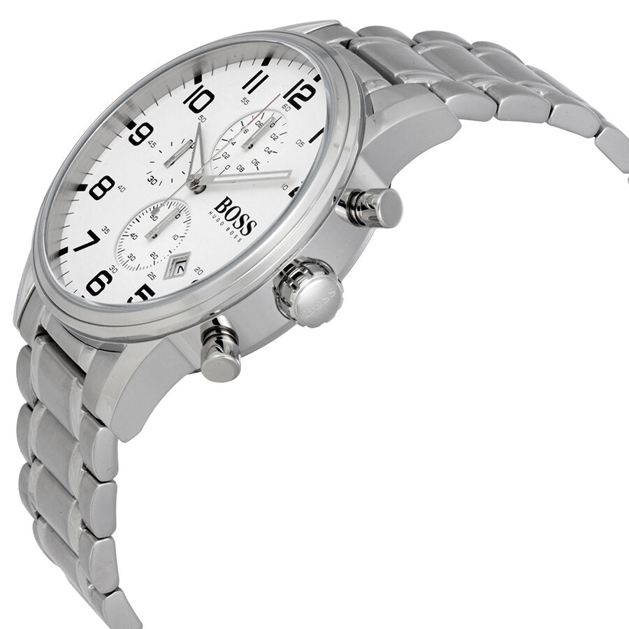 Hugo Boss Aeroliner chronograph watch angled view showing white dial and steel case