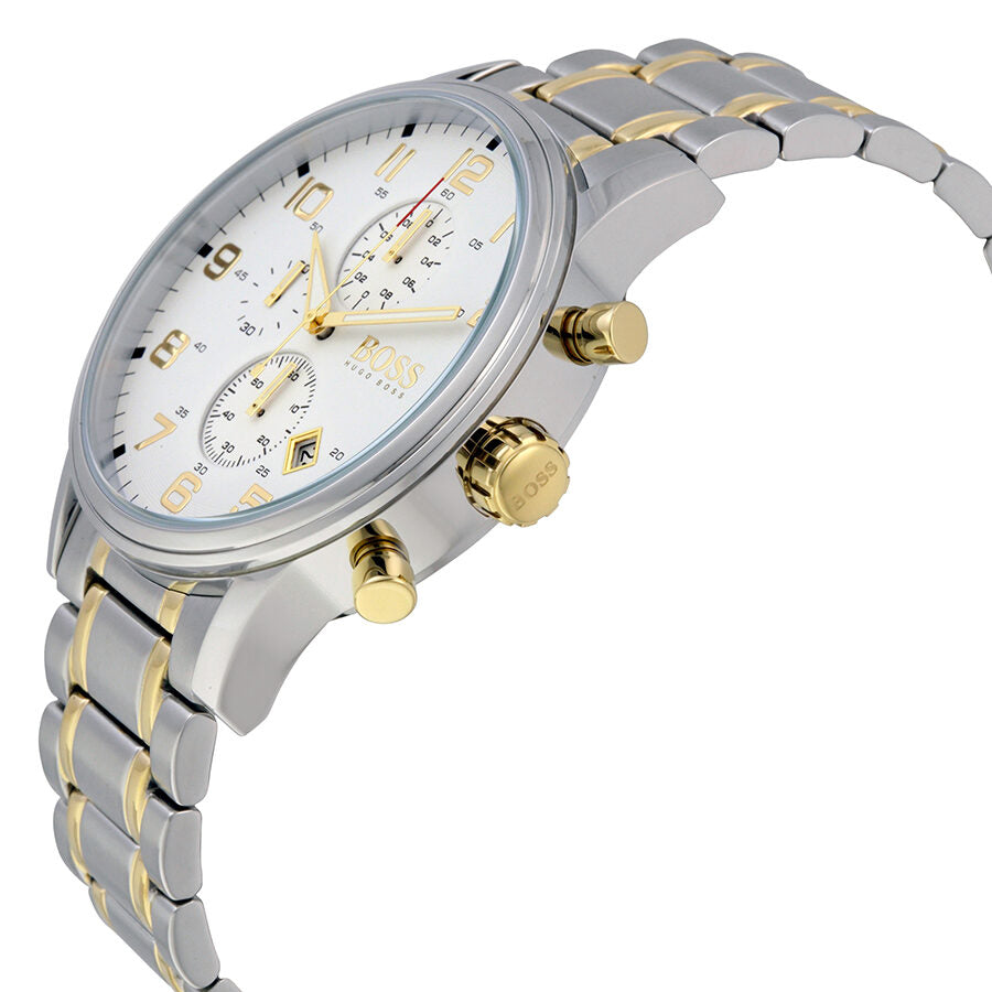 Hugo Boss Aeroliner chronograph watch showing side profile with two-tone bracelet and gold pushers