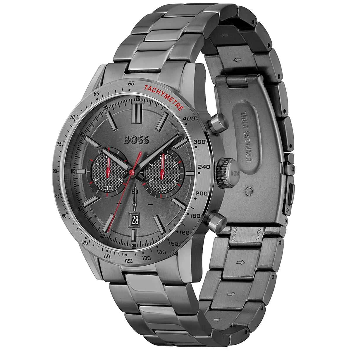Hugo Boss Allure chronograph watch angled view showing dial and grey steel bracelet