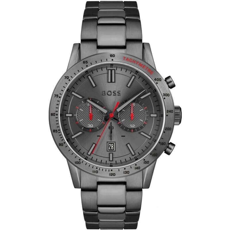 Hugo Boss Allure grey chronograph dial with red accents and tachymeter bezel, grey steel bracelet