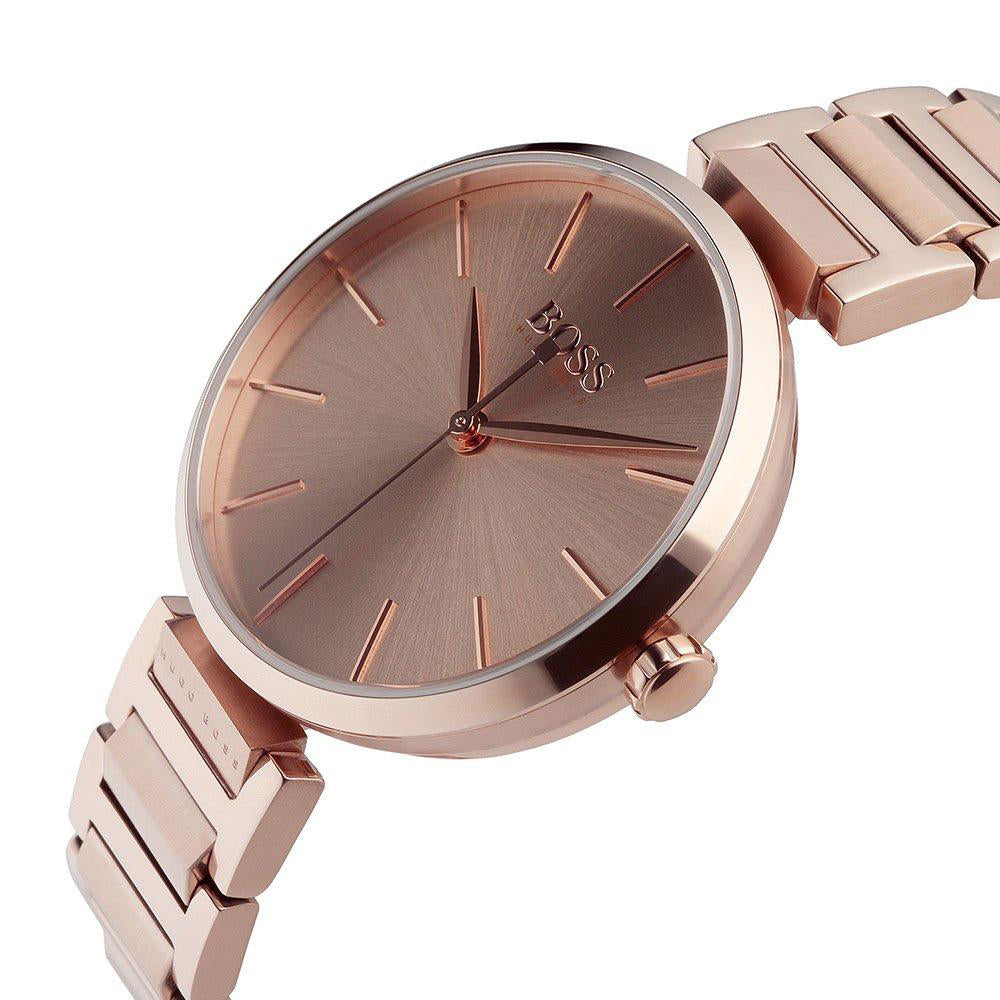 Hugo Boss Allusion women's watch at angle showing rose gold case and dial with index markers