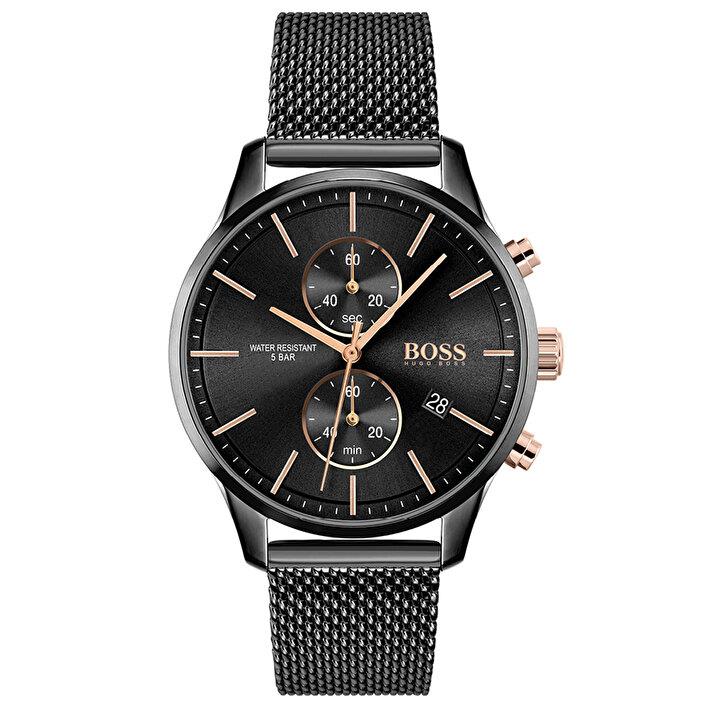 Hugo Boss Associate black chronograph watch with black dial, rose gold hands and pushers, black mesh strap