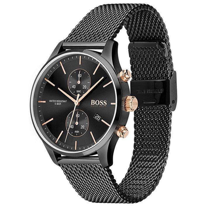 Hugo Boss Associate men's chronograph watch worn on wrist showing black mesh band and dial detail