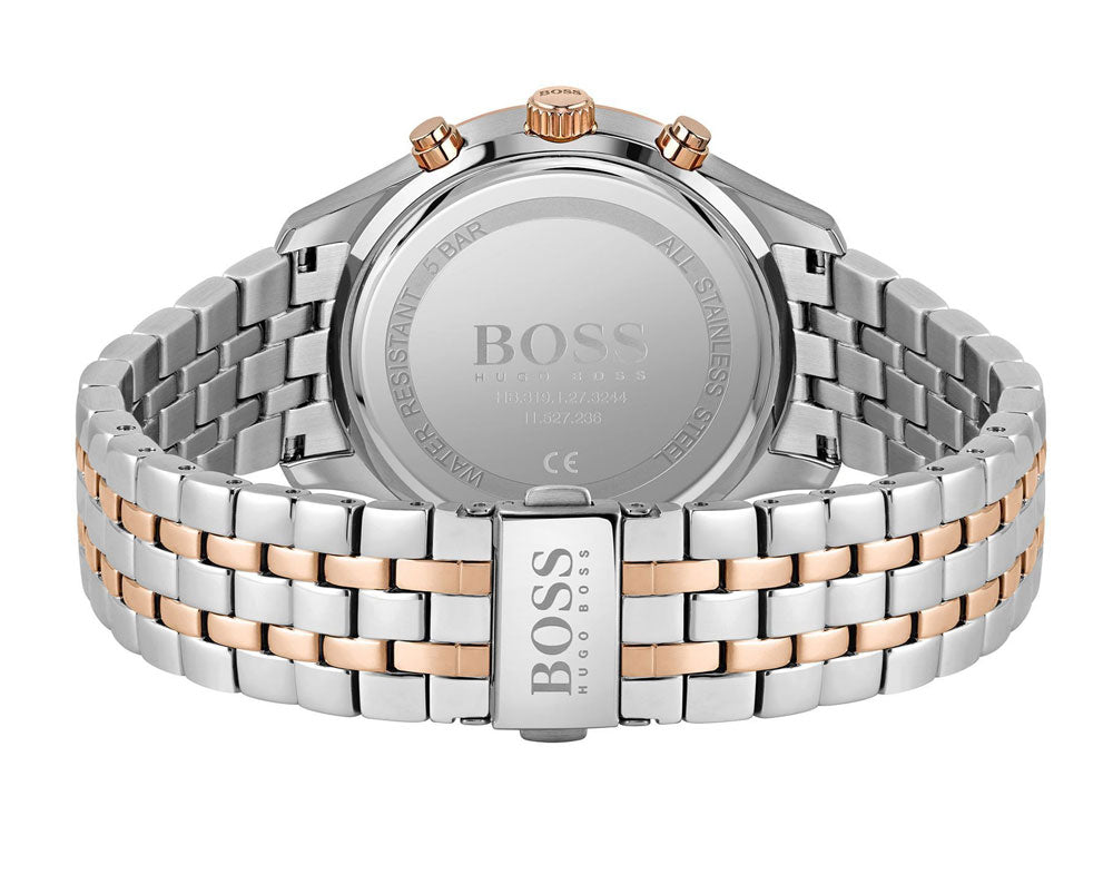 Hugo Boss Associate caseback showing two-tone stainless steel bracelet and watch case detail