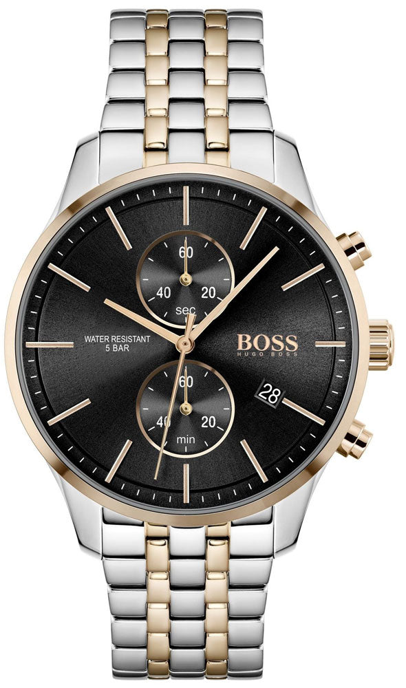 Hugo Boss Associate two-tone chronograph watch with black dial and rose gold indices on stainless steel bracelet