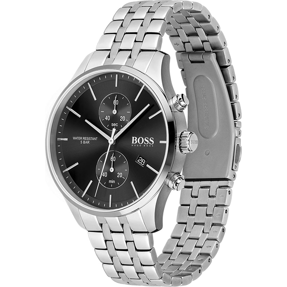 Hugo Boss Associate watch side angle showing stainless steel bracelet and chronograph subdials