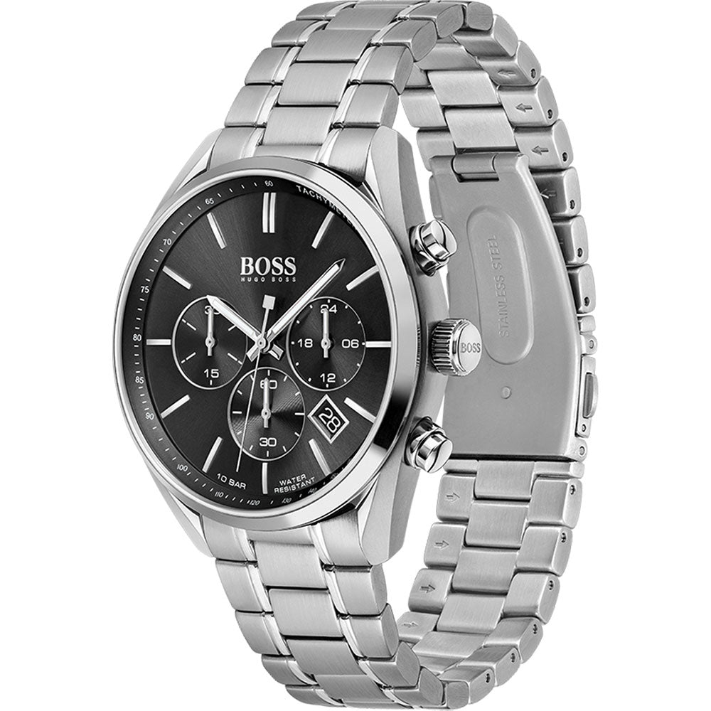 Hugo Boss Associate Champion chronograph watch shown at angle with side profile visible