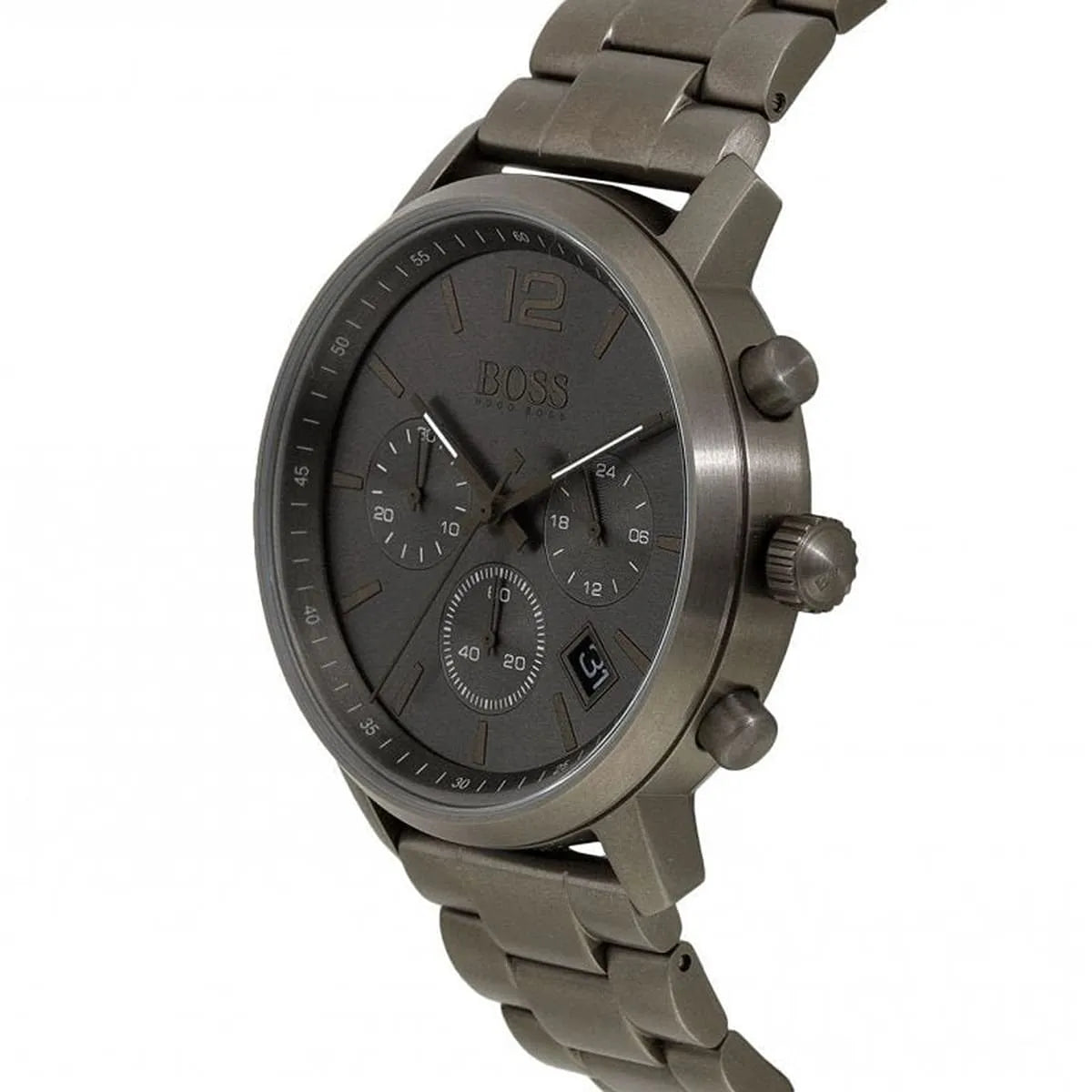 Hugo Boss Attitude 1513610 watch side profile with green steel case and strap