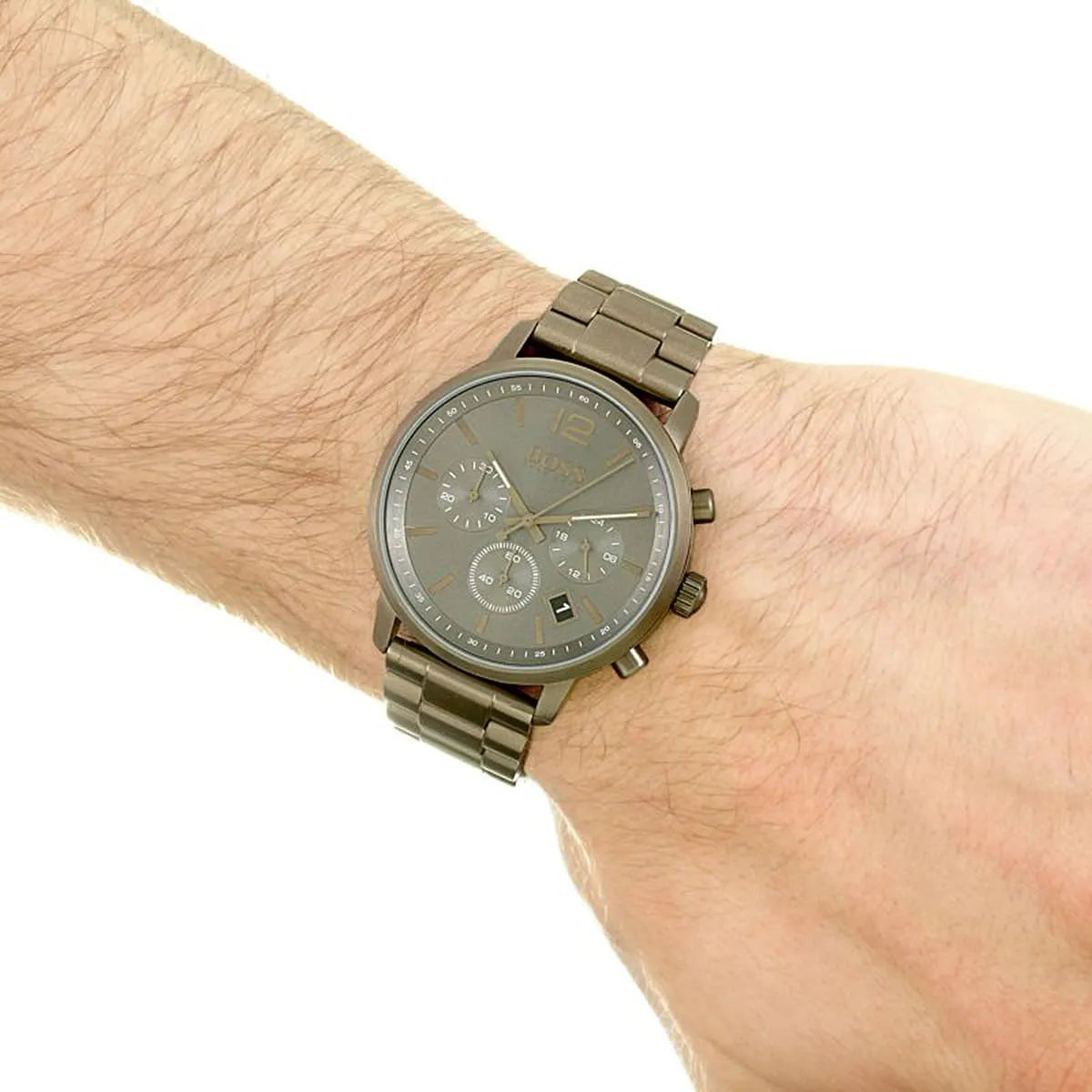 Hugo Boss Attitude 1513610 green chronograph watch on wrist showing dial and strap