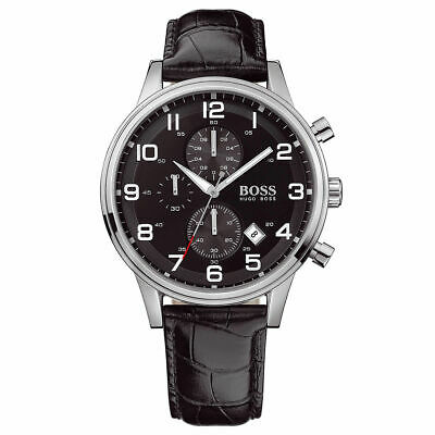 Hugo Boss black chronograph men's watch with stainless steel case and black leather strap
