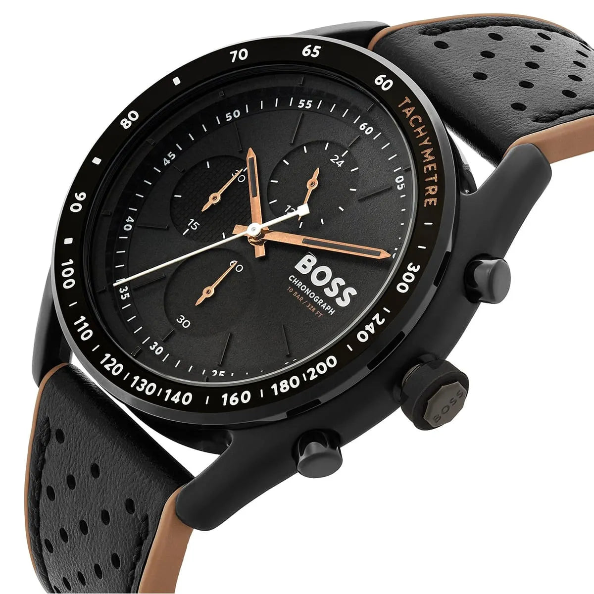 Hugo BOSS Center Court chronograph dial detail with tachymeter scale and rose gold hands