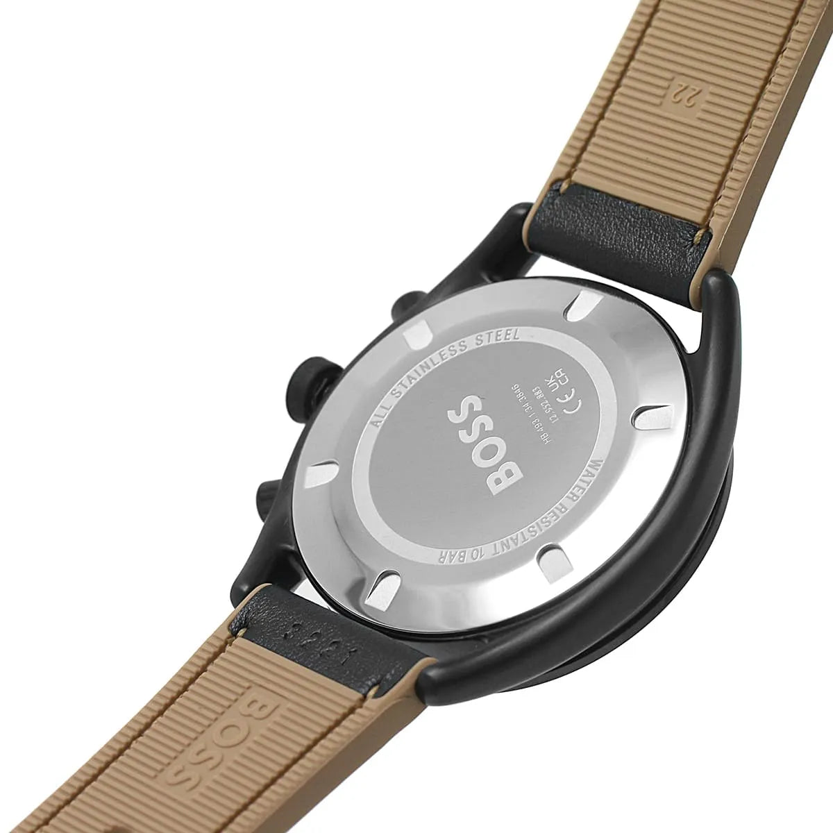 Hugo BOSS Center Court watch side profile showing black case and tan/black perforated strap
