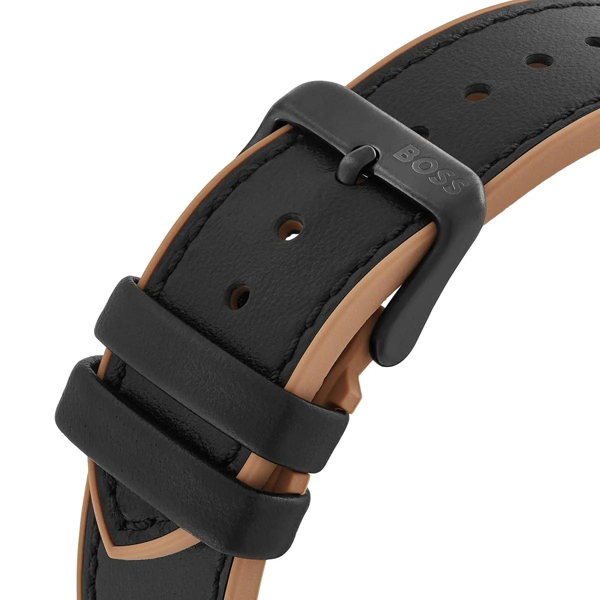 Hugo BOSS Center Court watch rubber strap detail showing tan and black perforated design with buckle