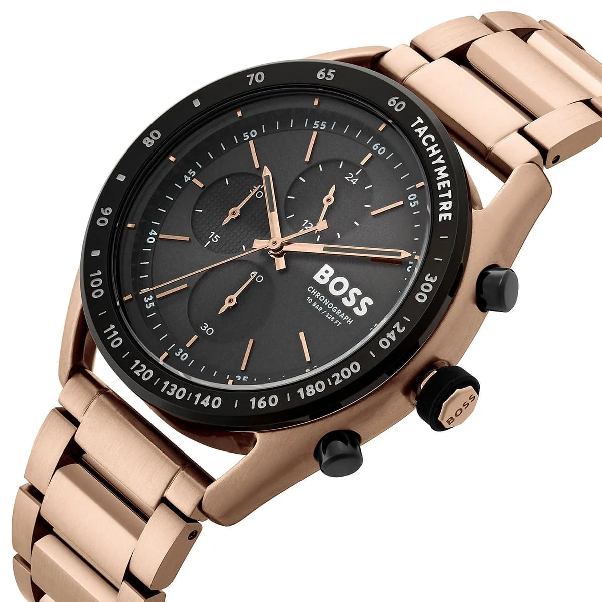 Hugo Boss Center Court chronograph dial detail with tachymetre bezel and applied indices