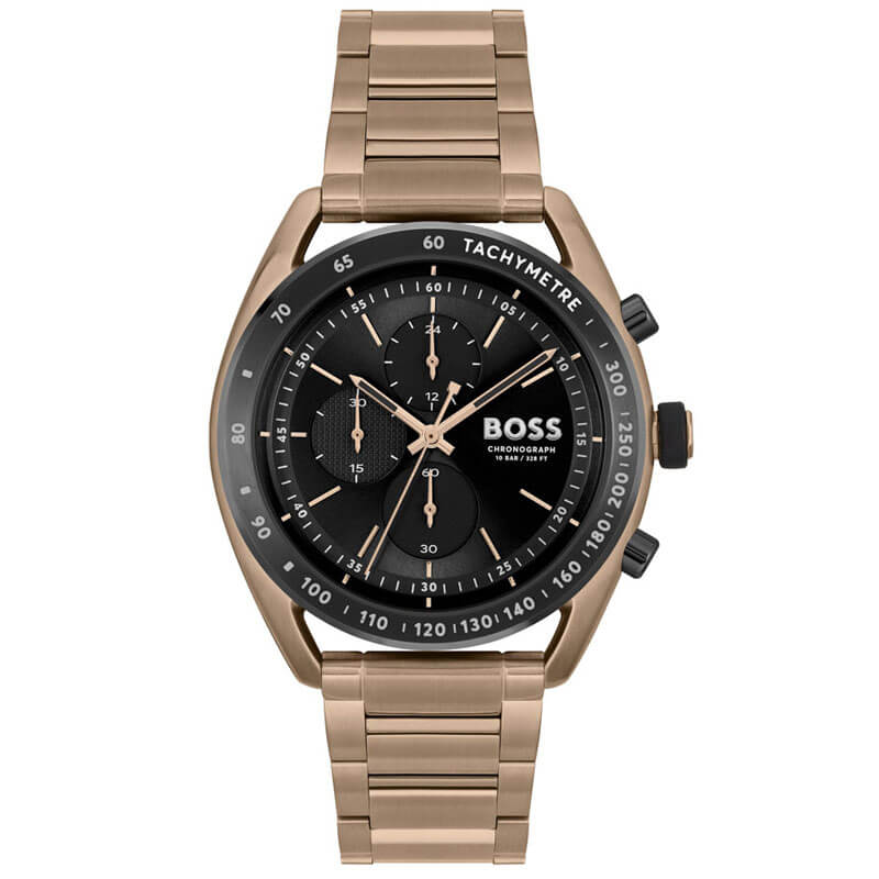 Hugo Boss Center Court 44mm chronograph watch with black dial and beige gold bracelet