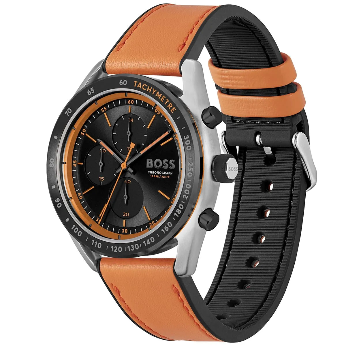 Hugo Boss Centre Court watch showing side angle with orange and black rubber strap