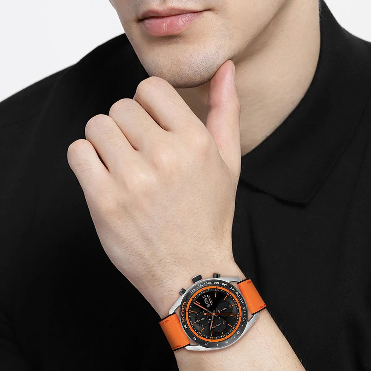 Hugo Boss Centre Court men's chronograph watch on wrist with orange rubber strap