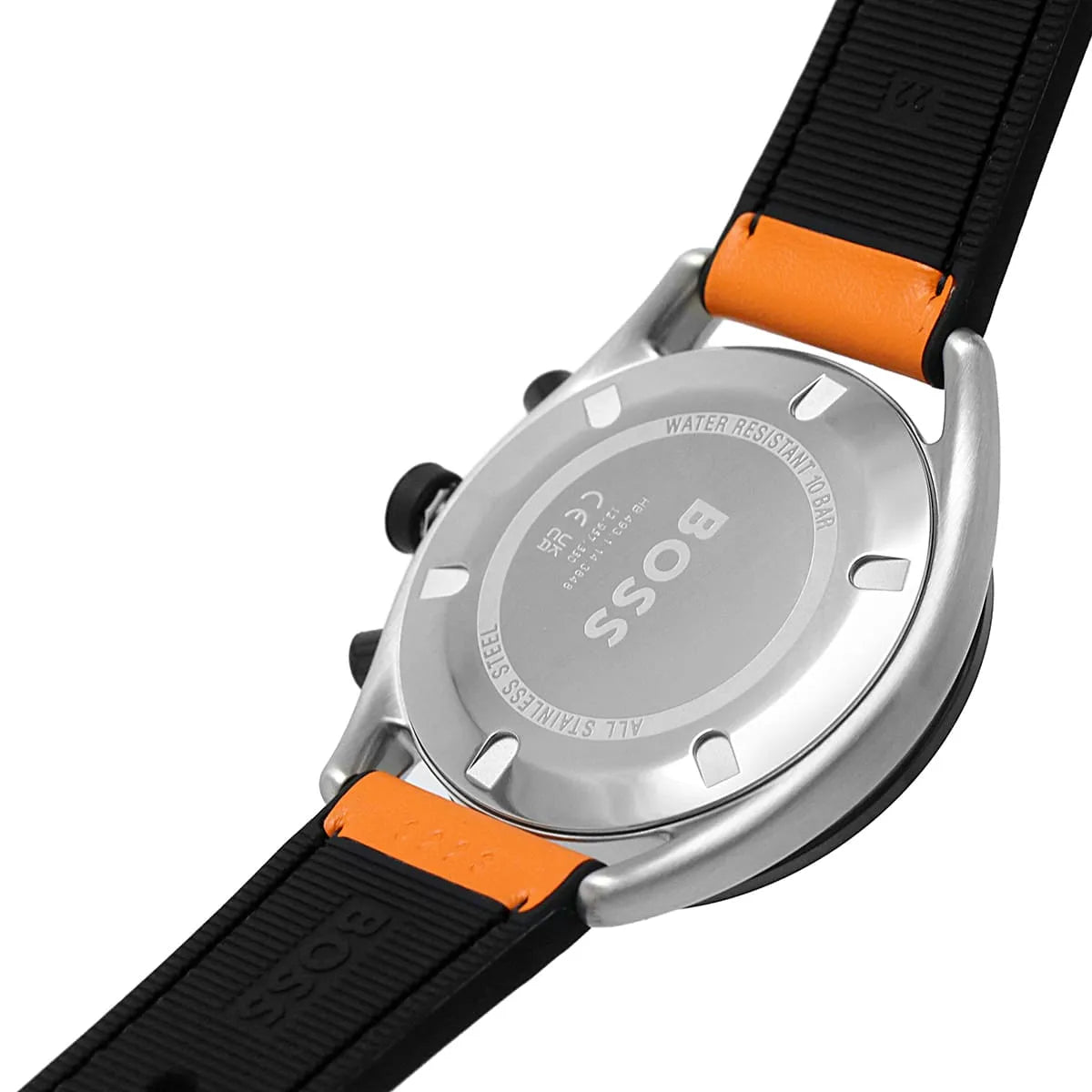 Hugo Boss Centre Court chronograph watch side profile with orange and black strap