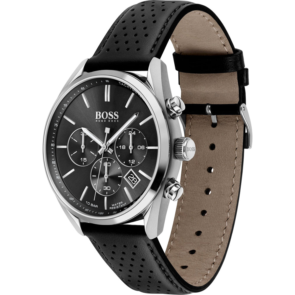 Hugo Boss Champion watch angled view showing black dial and perforated black leather strap