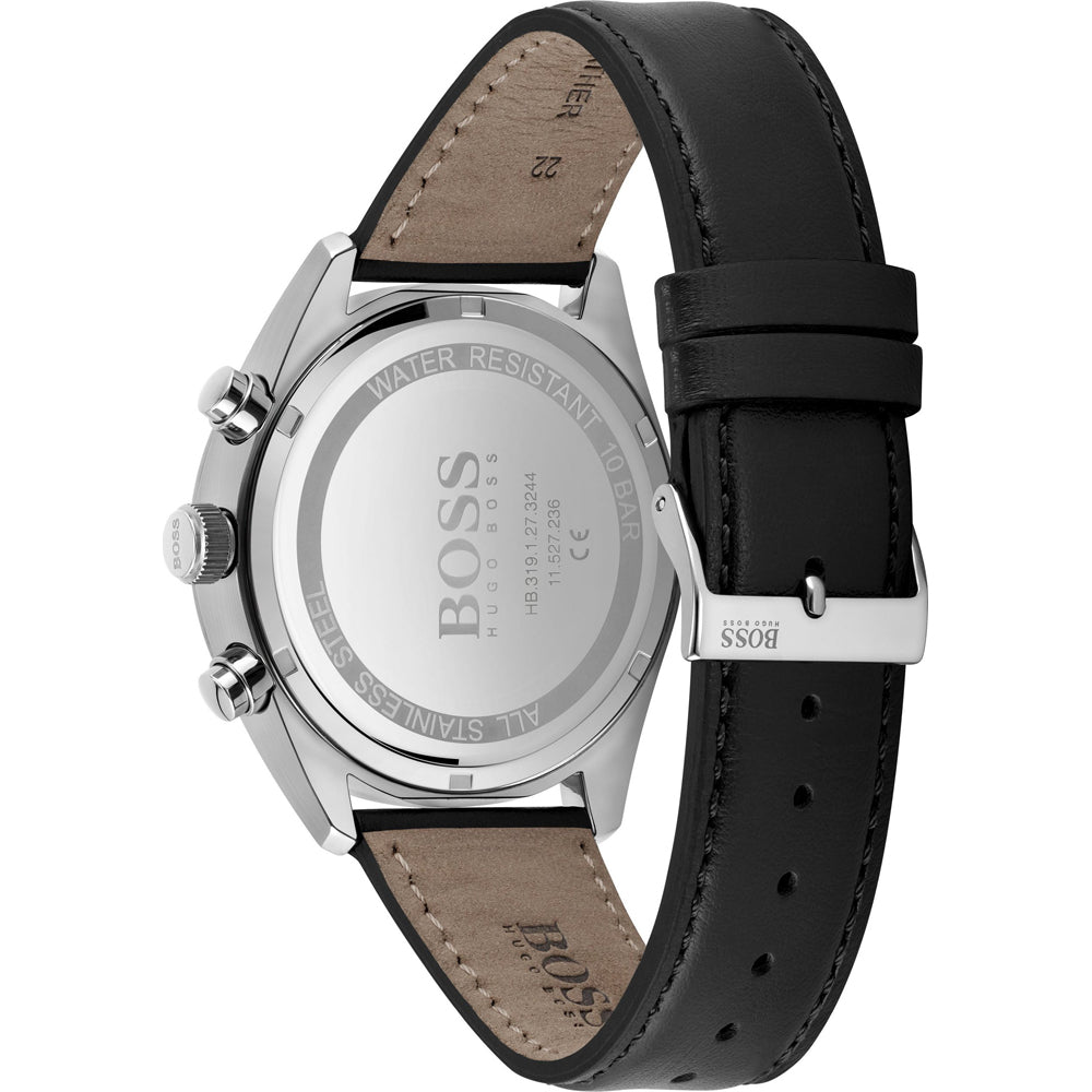 Hugo Boss Champion watch caseback showing stainless steel case back and black strap