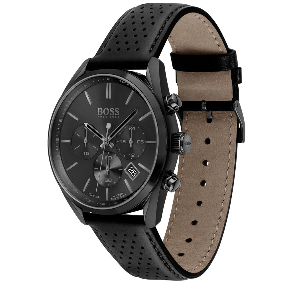 Hugo Boss Champion chronograph watch angled view showing black leather and suede strap