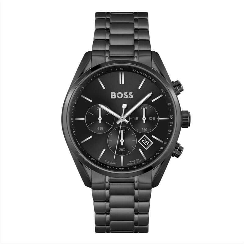 Hugo Boss Champion chronograph watch with black dial and black steel bracelet