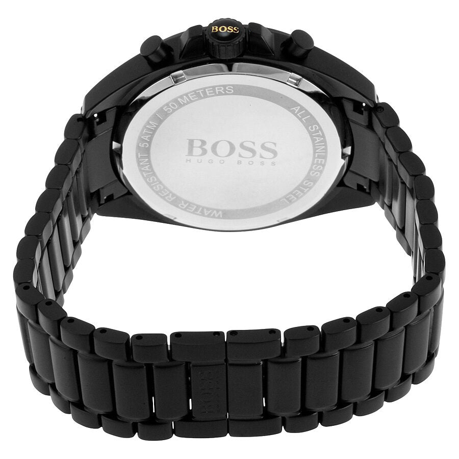 Caseback view of Hugo Boss chronograph watch showing stainless steel case back with BOSS engraving