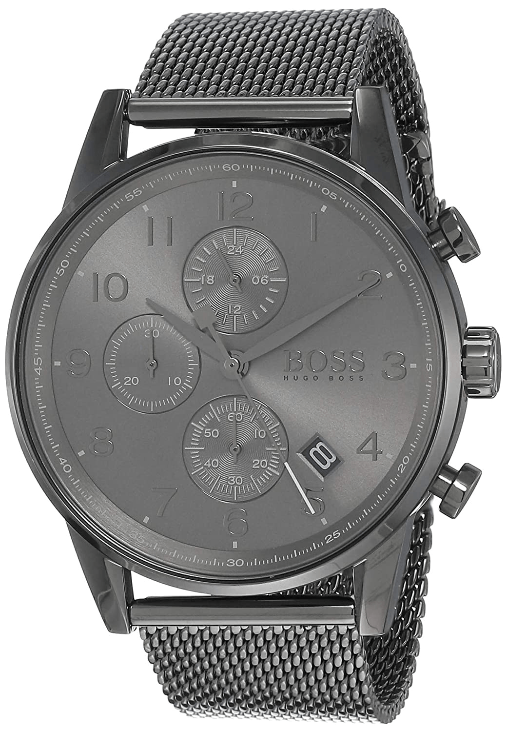 Hugo Boss Navigator chronograph with anthracite dial, mesh bracelet, and date window