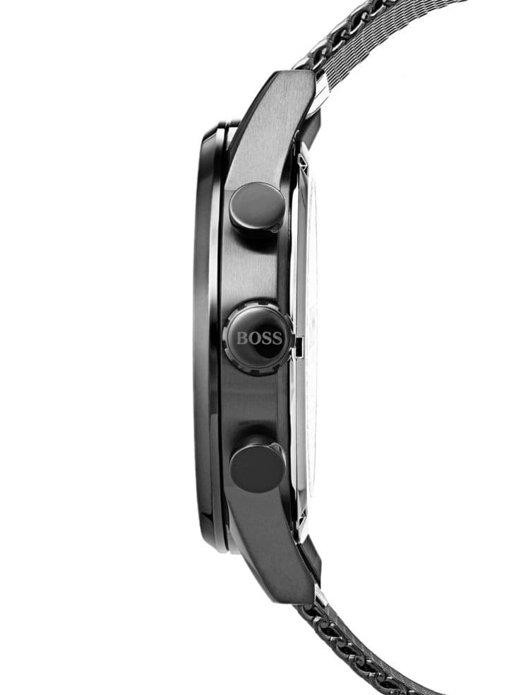 Side profile of Hugo Boss Navigator chronograph showing case thickness and push buttons