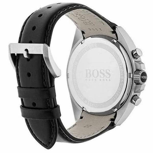 Back view of Hugo Boss chronograph watch with engraved BOSS logo and black leather strap
