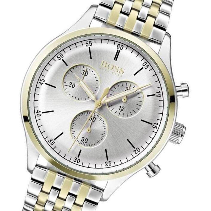 Angled view of Hugo Boss Classic Companion chronograph with silver dial and three subdials